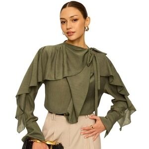 Commense Top Womens Small Green Ruffle Neck Tie Quiet Luxury Minimalist Gauze